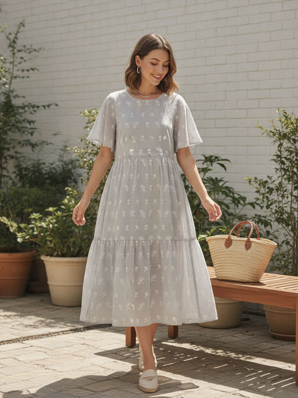 Grey Nylon Viscose with All-Over Fan Embroidery