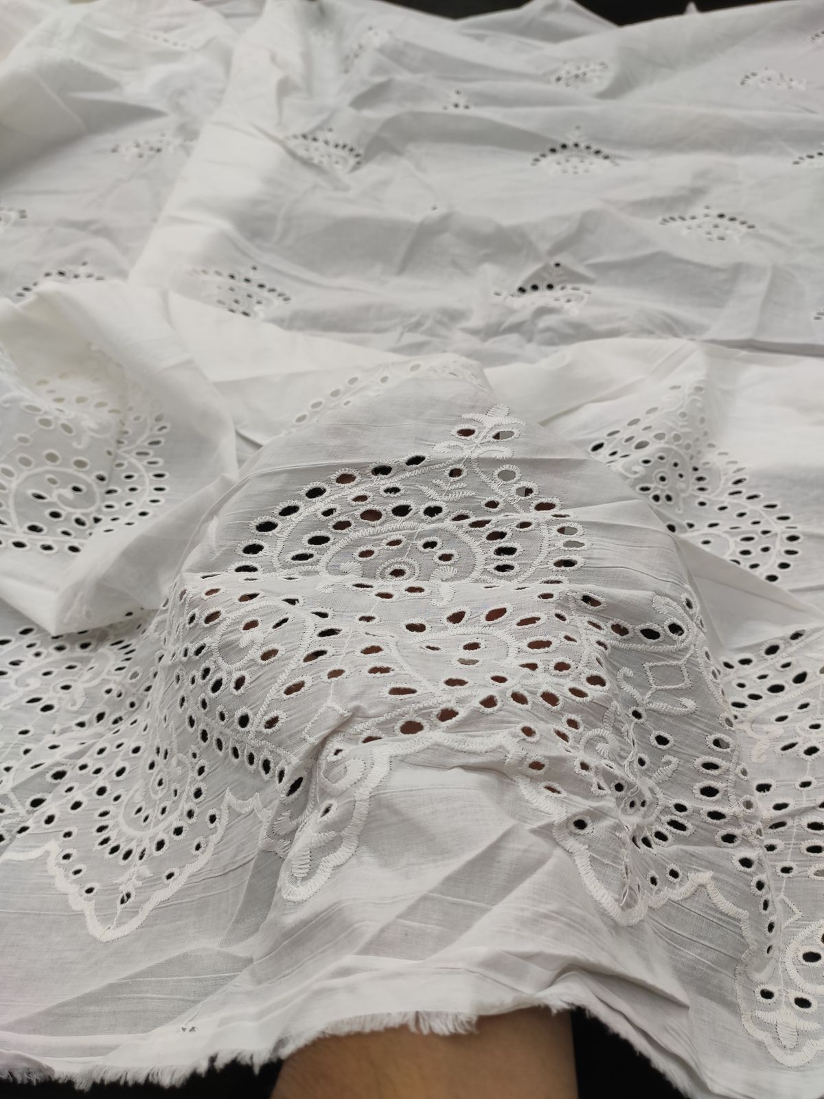 White Cotton Cambric Fabric with Eyelet Border | Charu Creation