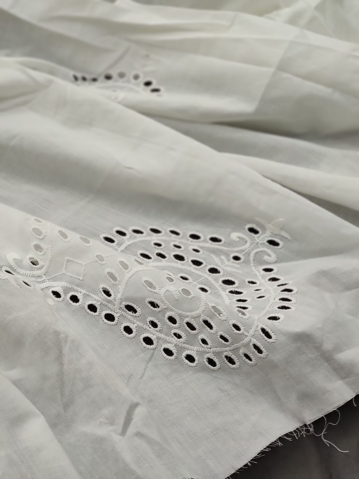 White Cotton Cambric Fabric with Eyelet Border | Charu Creation - Image 2