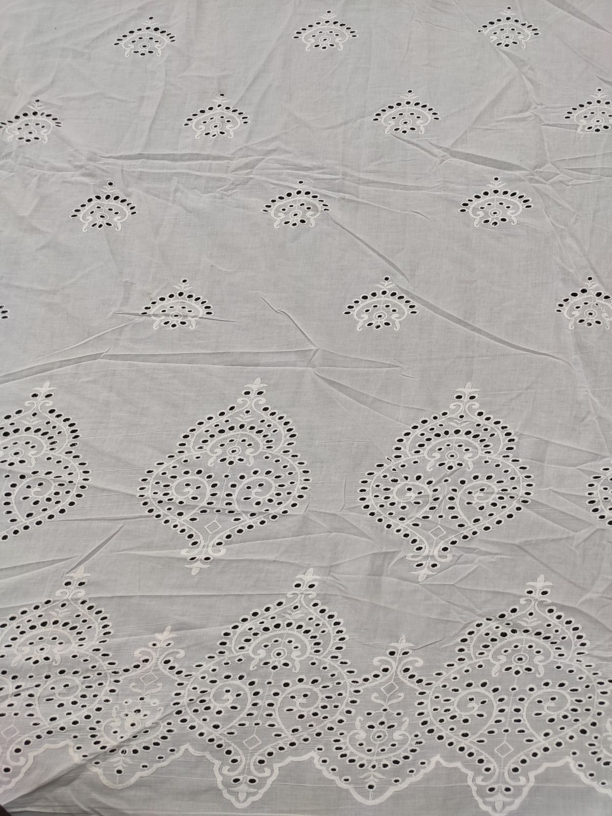 White Cotton Cambric Fabric with Eyelet Border | Charu Creation - Image 3