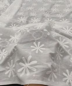 White Cotton Cambric Fabric with Floral Embroidery | Charu Creation