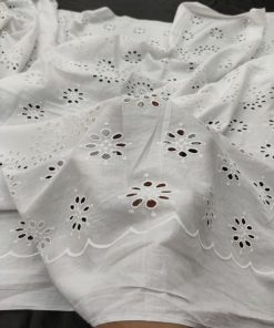 White Cotton Cambric Floral Schiffli Fabric with Border | Charu Creation