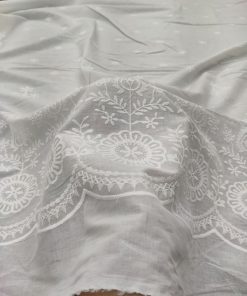 Greige Cotton Cambric with White Floral Border | Charu Creation