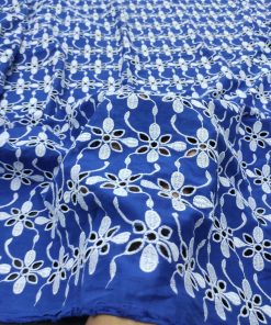 Blue Cotton Cambric with White Floral Embroidery | Charu Creation