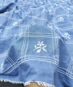 Blue Cotton Chambray Fabric with Check Embroidery | Charu Creation