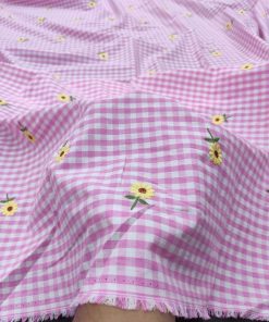 Pink Cotton Check Fabric with Floral Embroidery | Charu Creation