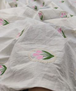 Off White Cotton Cambric with Pink Tulip Embroidery | Charu Creation