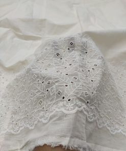 Off White Cotton Cambric with Scalloped Leaf Embroidery | Charu Creation