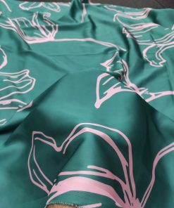 Green Polyester Satin with Abstract White Wave Print | Charu Creation