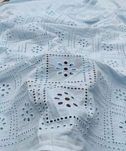 Sky Cotton Cambric Schiffli Fabric with Floral Squares