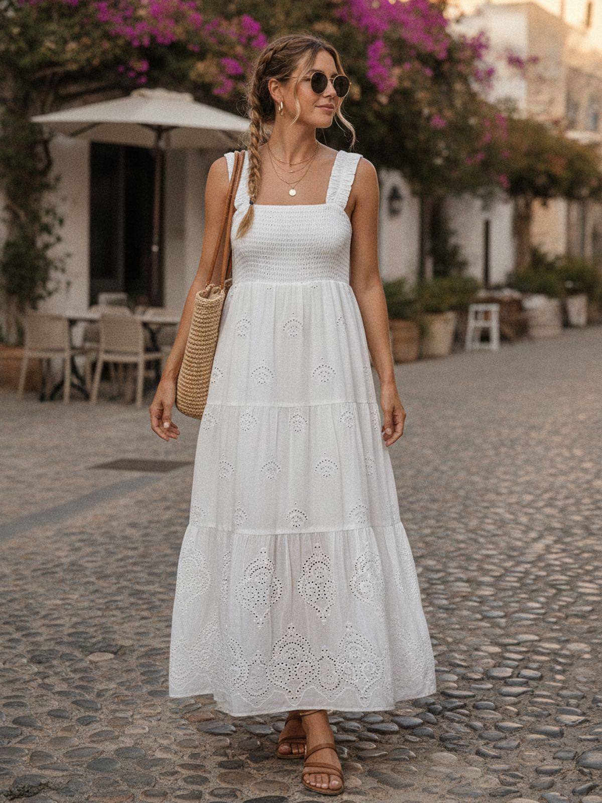 White Cotton Cambric Fabric with Eyelet Border